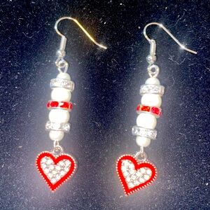 CZ red heart and pearl dangle earrings